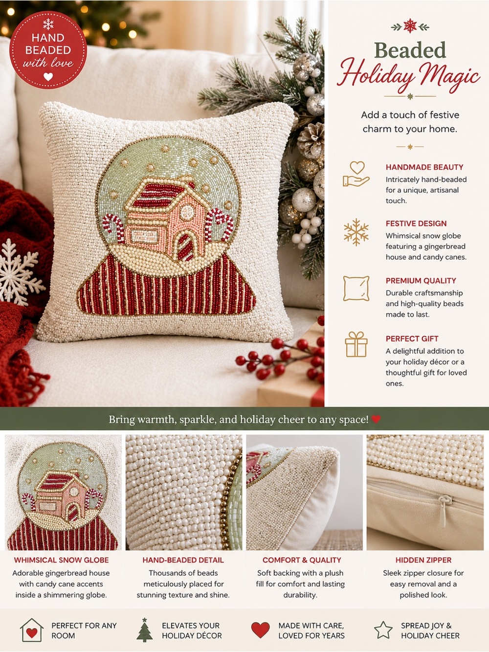 Beaded Holiday Pillow – Gingerbread House Christmas Decor Globe